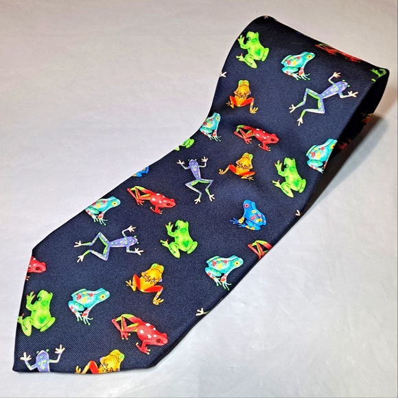 Alynn Neckwear Frogs 💯 Silk Designer Necktie 57" x 3.75" Blue w/ Multi-colors - Picture 4 of 10